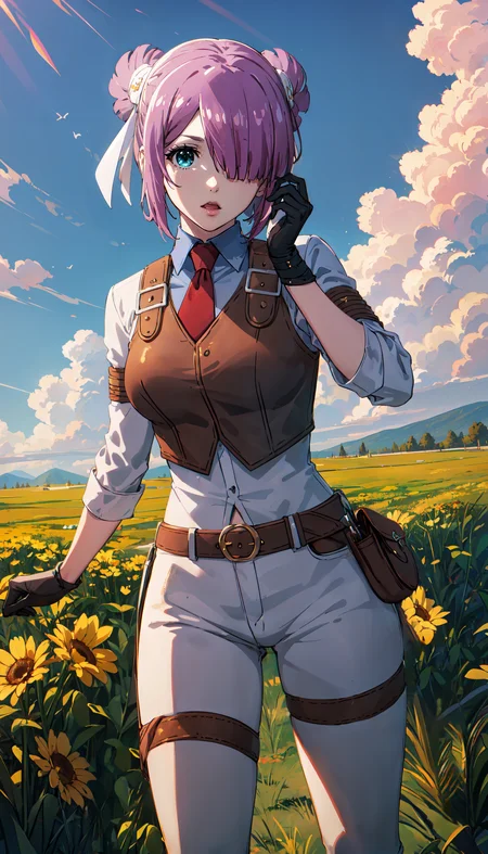 photorealistic, (4k), depth of field, (Masterpiece), (realistic skin texture), extremely detailed, intricate, hyper detailed, professional photography, bokeh, high resolution, sharp detail, best quality, girl, purple hair, hair covering one eye, aqua eyes, hair ribbons, tie, half vest, white outfit, white pants, armbands, black gloves, <lora:GoodHands-beta2:0.4>, <lora:detail_slider_v4:0.8> , dynamic pose, (hands on face), <lora:Laura Satii:0.8> , (outdoors), flower meadow, light rays, open field, blue sky, clouds,