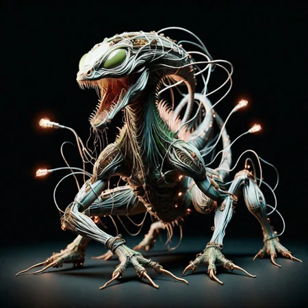 Aais-wirez alien reptile, surrounded by connected devices of various type, in a dark room, high voltage equipment,sinister look on face,