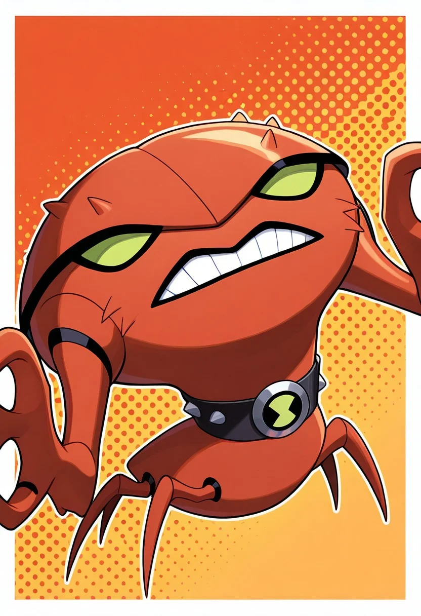 <lora:brainstorm-07:1> brainstorm, solo, teeth, no humans, pokemon (creature), green eyes, clenched teeth, crab, craw claws, , , collar, orange background, smile, no legs,, masterpiece, best quality, amazing quality, very aesthetic, absurdres, newest,, upper body, halftone effect, white borders, abstract background:1.2,