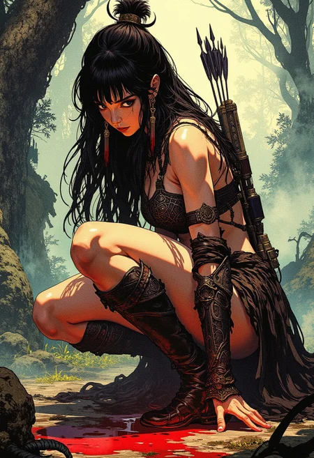 A digital painting in the style of ck-js, stunning chinese barbarian warrior woman, long hair, bangs, sidelocks, hair ornament, leather boots, thigh strap, leather bikini armour, with a quiver of arrows and bow strapped to her back, crouching down to examine a patch of blood on the ground, misty forest at dawn, directional weak lighting