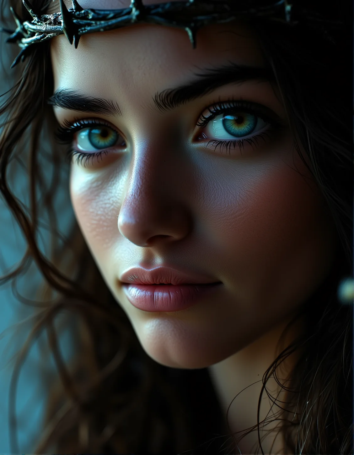 . A cinematic close-up of a womanâs face, wearing a crown of thorns, with dramatic lighting enhancing the details of her glowing skin., <lora:bv-close-up-enhancer.safetensors:1.0:1.0>