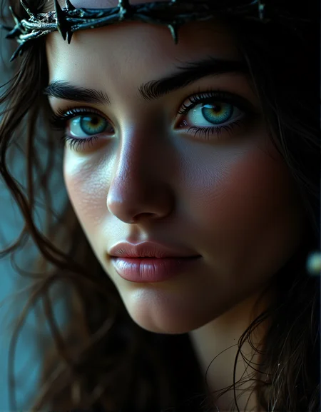 . A cinematic close-up of a womanâs face, wearing a crown of thorns, with dramatic lighting enhancing the details of her glowing skin., <lora:bv-close-up-enhancer.safetensors:1.0:1.0>