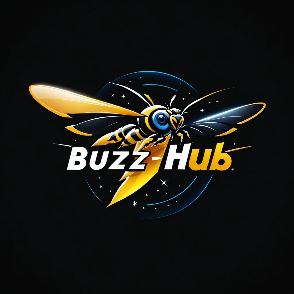 ("Buzzhub" text logo), a thunder icon near the text logo, black background background <lora:dvr-ftl:0.8>