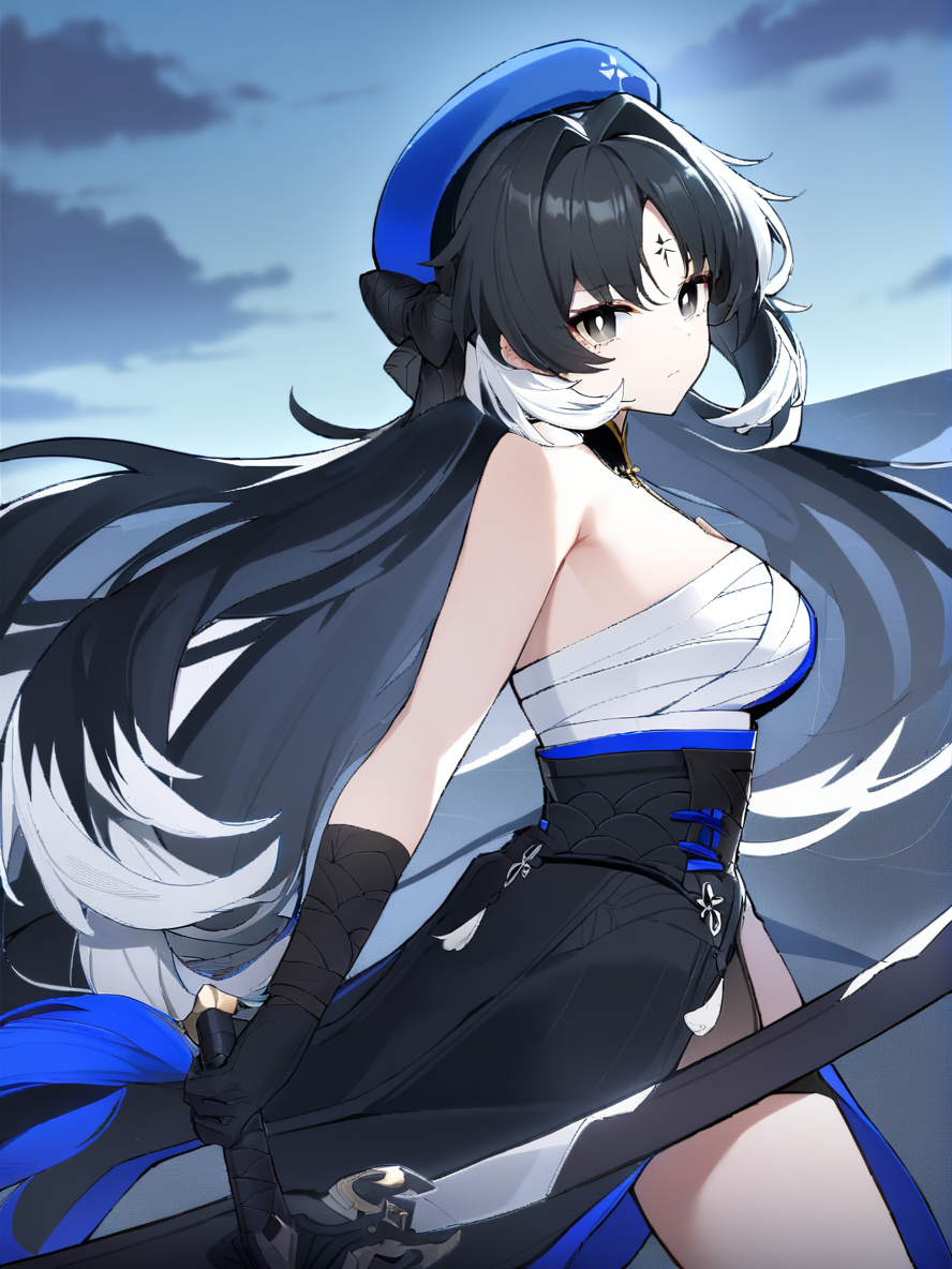 1girl, 
yangyang \(wuthering waves\),  
solo, outdoors, holding sword, very long hair, night sky, holding, closed mouth, black hair, bow, gloves, looking back, sky, white hair, floating hair, night, white pupils, looking at viewer, chest sarashi, bandaged arm, black bow, black gloves, sarashi, blue hat, weapon, black eyes, multicolored hair, bare shoulders, sword, bandages, long hair, bright pupils, hair bow, holding weapon, 
masterpiece, best quality,  safe
 <lora:mki-ani3-yangyang-v3:1>
