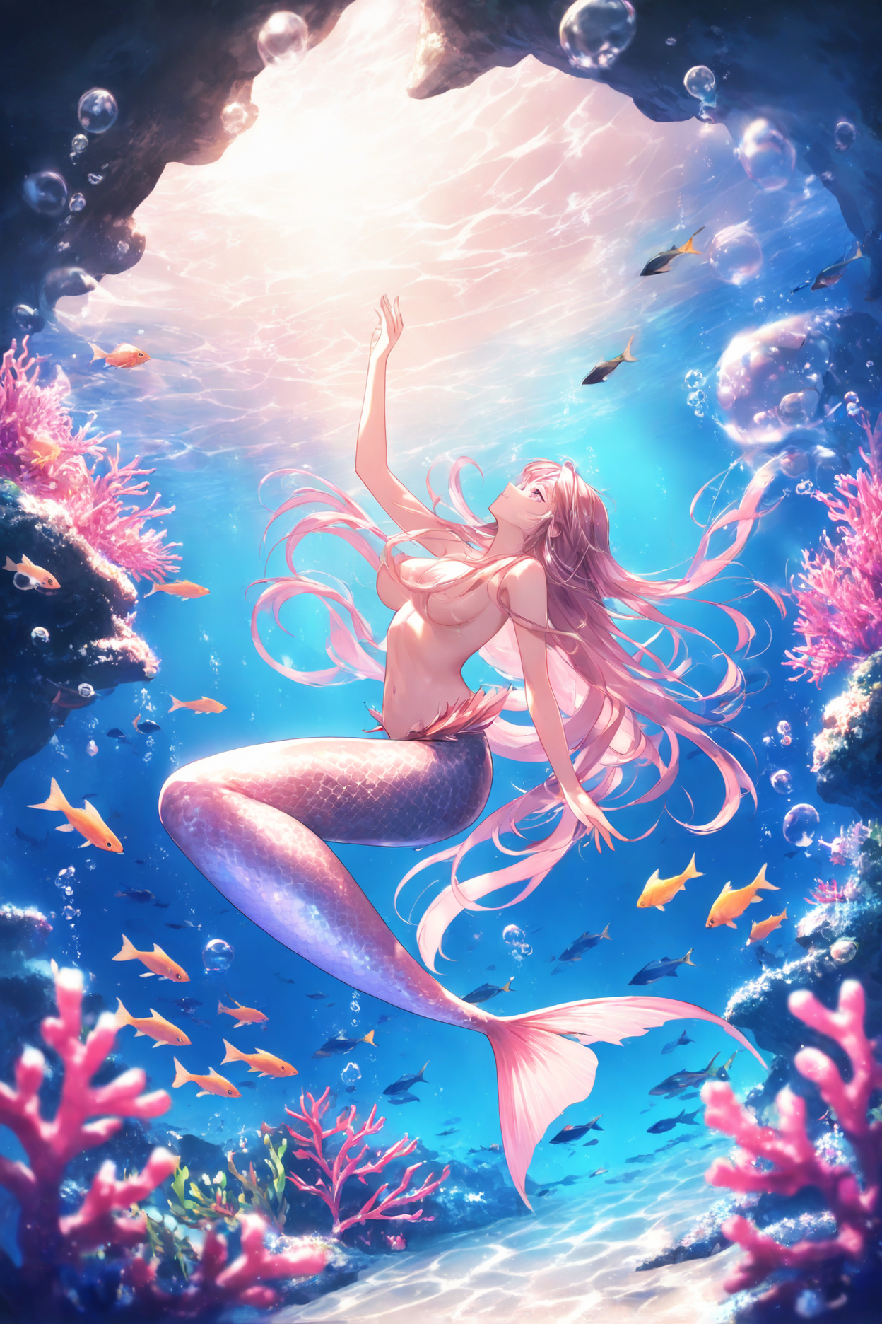 1girl, mermaid, underwater, long hair flowing, shiny scales, nude, breasts, looking up, smiling, seductive, ocean creatures, fish, coral, seaweed, sunbeams, shimmering water, bubbles BREAK low angle, looking up, dynamic pose, underwater landscape, soft lighting, pastel colors, shallow depth of field, masterpiece, best quality, absurdres