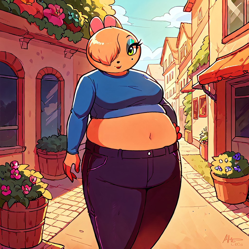 score_9, score_8_up, score_7_up, Female, Maydine, Hair Covering one eye, midriff, Pants, Makeup, beauty mark, outside,