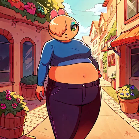 score_9, score_8_up, score_7_up, Female, Maydine, Hair Covering one eye, midriff, Pants, Makeup, beauty mark, outside,