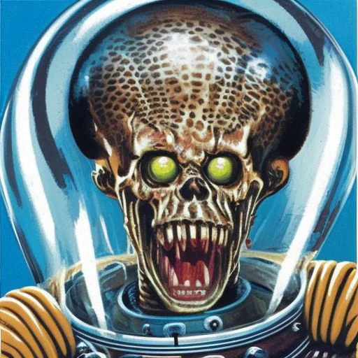 a portrait painting an alien in a clear space suit helmet in the style marsattacks, highly detailed
