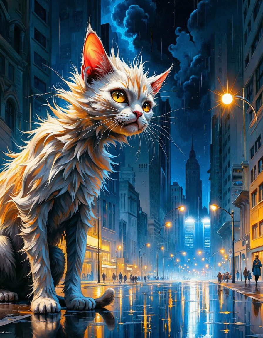 An anthropomorphic cat with wild, unkempt fur stands on a rainy city street, its eyes filled with deep emotion. The expressionist style uses bold, exaggerated brushstrokes and intense, swirling colors to convey raw feeling. The scene is chaotic yet beautiful, with the distorted buildings leaning inward, as if mirroring the catâs inner turmoil. The streetlights bleed into the night sky in streaks of vibrant yellows and blues. Every brushstroke is alive with movement, transforming the city into a swirling dreamscape where reality bends to emotion, and the cat's presence is both haunting and deeply expressive,   <lora:s:0.5> bo-exposure,  <lora:FluxDFaeTasticDetails:0.6>,  <lora:Fluxartis 28.11A:0.6>,  <lora:Hocus Pocus:0.5>