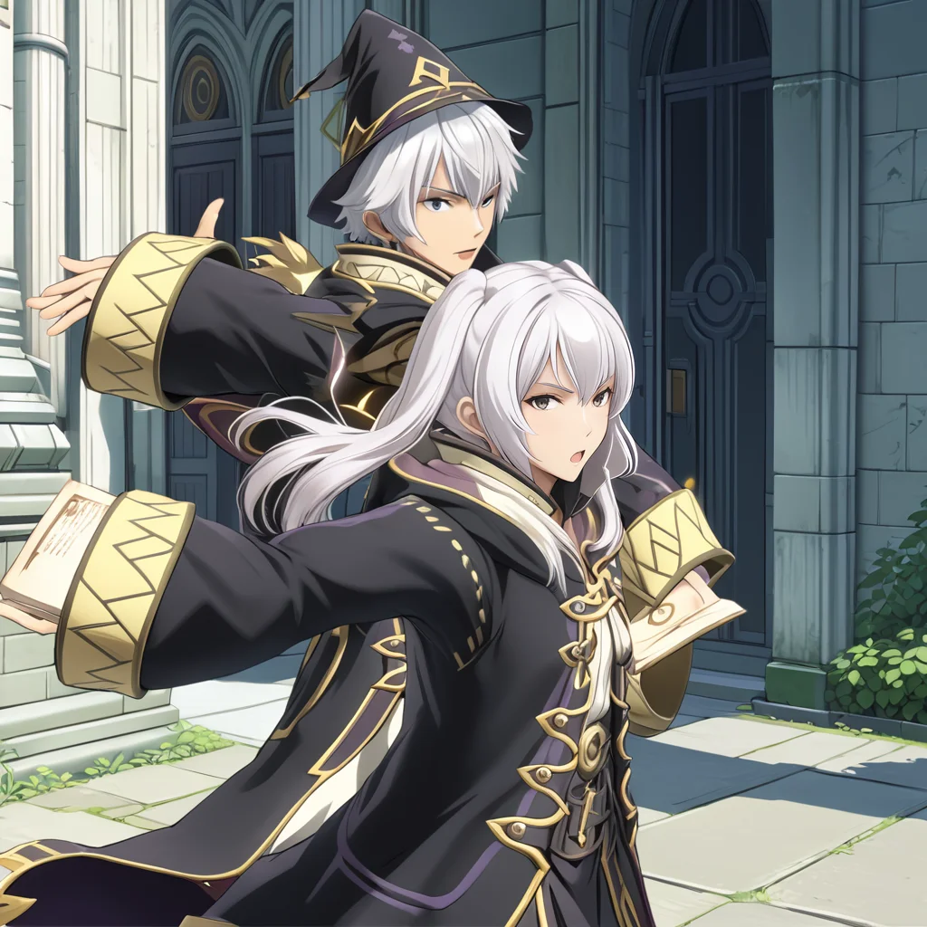 RobinFEXL, 1boy, 1girl, white hair, wizard, corwd, (anime, masterpiece, intricate:1.3), (best quality, hires textures, high detail:1.2), (4k),(incredibly detailed:1.4),UHD, 8K, ultra detailed <lora:RobinFEXL:.9>