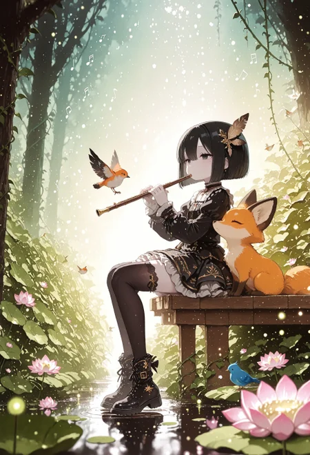 masterpiece, highres, newest,best quality, very aesthetic, absurdres, newest, very awa, oc-chan_(ketopon), 1girl, solo, black hair, bob cut, hair between eyes, solid black eyes, detailed eyes, eyelashes, mole under eye, expressionless, feather hair ornament, pale skin, goth fashion, frilled dress, square neckline, black thighhighs, zettai ryouiki, dark green ankle boots, instrument, playing flute, (musical notes:1.2), sitting, small wooden bridge, creek,animal,birds, fox, fireflies, lush nature, flowers, vines, lotus flowers, dreamlike atmosphere, peaceful, mystical forest, sparkling aura, soft lighting, pastel colors, anime screencap, scenery, from side, Bright_illu,sparkle,too many light particles,anime style