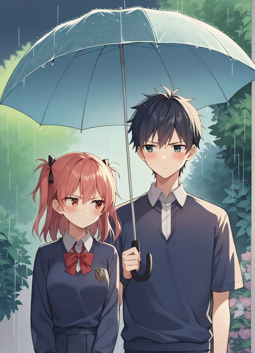 score_9, score_7_up, source_anime
1girl, medium breasts, two side up, 1boy, umbrella, shared umbrella, couple, school uniform, annoyed, blush, rain, <lora:sharedumbrella_xl:1>