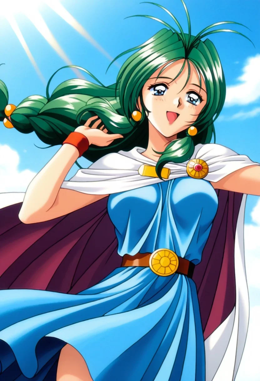 masterpiece, best quality, amazing quality, very aesthetic, high resolution, 1girl, cowboy shot, anime-style, digital art, high resolution, cute girl, smiling, sunlight, bright, clear sky, blue sky, clouds, daytime, outdoor, wind blowing her hair, dynamic pose, cheerful mood, light reflections, detailed background, high quality, beautiful, attractive, light rays, bright lighting, sky, joyful, happy, energetic, bright atmosphere, detailed shading, anime aesthetics, vibrant, lively, braid, jewelry, belt, cape, blue dress, wristband, retro artstyle, 1990s \(style\),
clairemm, blue eyes, green hair, antenna hair, long hair, low-tied long hair, hair bobbles, medium breasts, mature female,
