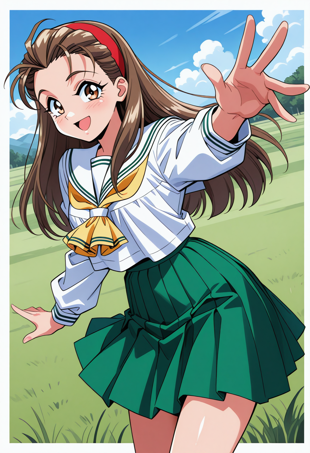 yasuda_maina, brown eyes, brown hair, long hair, hairband, school uniform, serafuku, white sailor collar, yellow neckerchief, white shirt, long sleeves, green skirt, pleated skirt, <lora:Graduation_yasuda_maina_illustrious_ver1:0.8>
smile, open mouth,, masterpiece, best quality, very aesthetic, absurdres, general,, 1girl, solo, blue sky, (grasslands:1.2), looking at viewer,, (cowboy shot, dynamic pose:1.4),