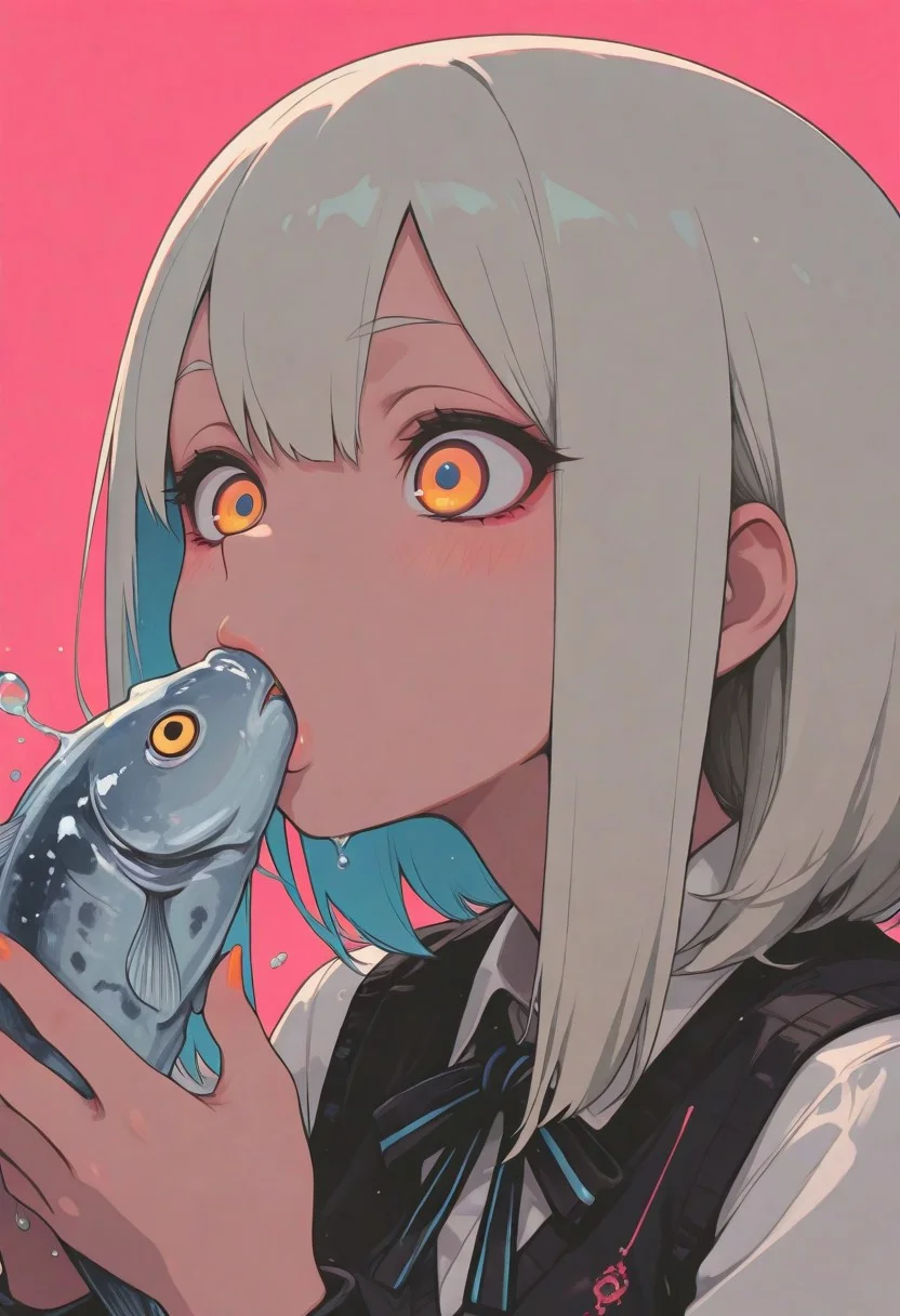 1 girl , solo , suck fish ,
masterpiece, best quality ,amazing quality ,S4bit4mago_illu , xxx667_illu ,Protoneon , in the style of Jeda, vibrant colors,