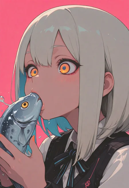 1 girl , solo , suck fish ,
masterpiece, best quality ,amazing quality ,S4bit4mago_illu , xxx667_illu ,Protoneon , in the style of Jeda, vibrant colors,