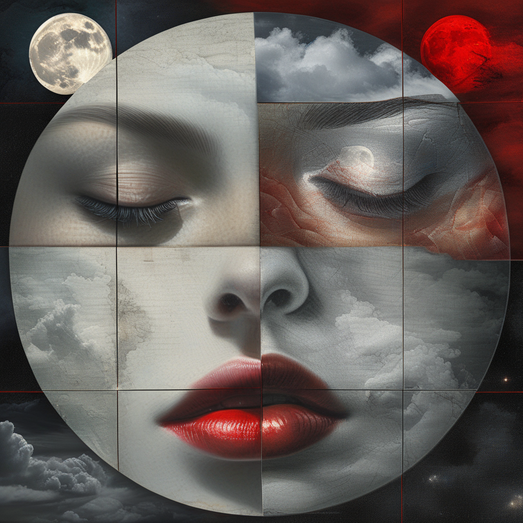 art4qd, 4 quadrants, close-up, lips, cloudy sky, red eyes, suit, night sky, full moon