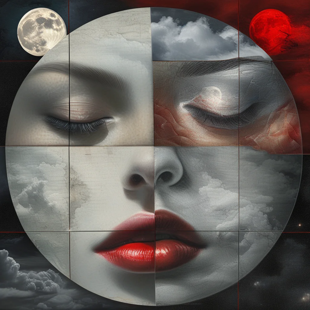 art4qd, 4 quadrants, close-up, lips, cloudy sky, red eyes, suit, night sky, full moon