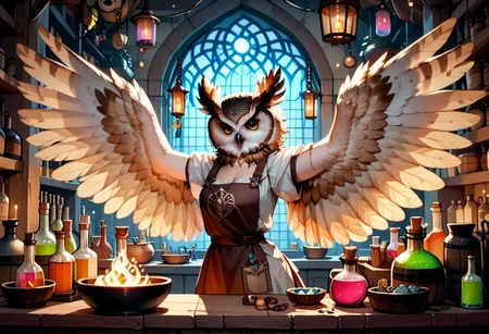 a 35mm photography of a beautiful woman, she is an owl-human hybrid, she works as an alchenist, she is in a dimly lit disorganised and dirty ancient wooden alchemy laboratory, she is wearing a grubby white blouse, brown leather trousers , brown leather apron, she has protective goggles on her forehead, potion brewing in a cauldron over a fire, shelves lined with mysterious colourful potions, her arms and hands are owl wings
owlfolk, wingarms, winged arms
