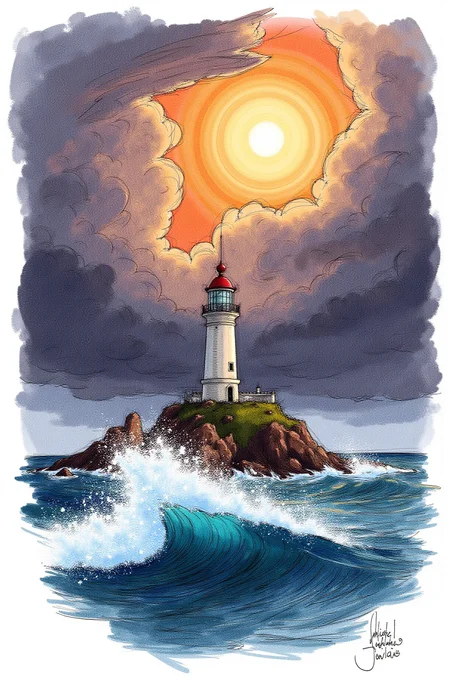 Sharp image of a rough sketch, rendered in vibrant multi colour ballpoint pen, capturing the adorable features of a digital illustration of a lighthouse on a rocky island in the middle of a stormy sea. The lighthouse is tall and has a pointed top with a small window on the right side. The sky is filled with dark clouds and the sun is shining brightly, creating a dramatic and ominous atmosphere. The sea is turbulent with large waves crashing against the rocks and creating a spray of white foam. The overall mood of the image is dramatic and dramatic.  p3nsk, <lora:p3nsk:1>