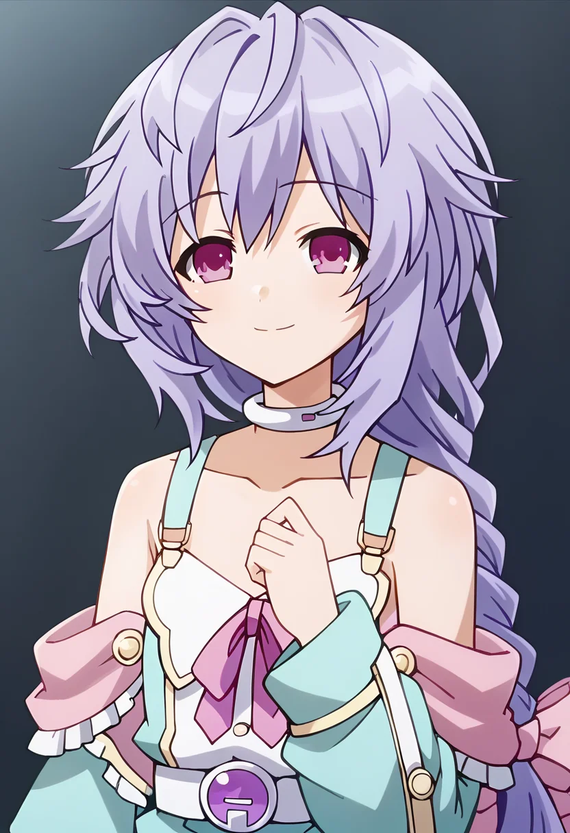 1girl, solo, neppludia, plutiabase, long hair, very long hair, purple eyes, purple hair, braid, slippers, upper body, looking at viewer, smile, <lora:Doom PonyXL Plutia:1>, score_9, score_8_up, score_7_up, score_6_up, score_5_up, score_4_up , anime coloring ,BREAK source_anime, anime
