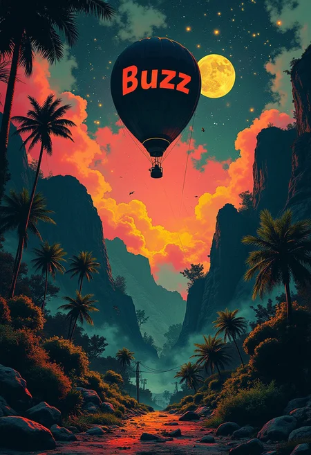 realistic photograph of a lush tropical alien landscape, with a backdrop of a night sky background, twin moons, rainbow colors, stars, nebulas, a balloon with "Buzz" written over it flying in the night sky, shadows