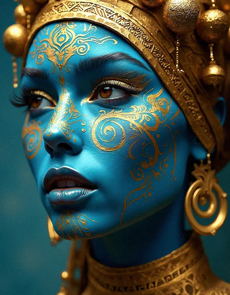 Imagine a hyper-detailed portrait of a woman with azure blue skin, her face decorated with gold tribal patterns that swirl and curve around her eyes, cheeks, and neck. The golden motifs are complex, with lines, dots, and spirals that add texture and depth to her visage. Her lips are painted with a deep metallic color that harmonizes with the golden details on her skin. She wears a prominent headdress of gold, adorned with dangling ornaments that add movement and contrast to the stillness of her face. Large, elegant gold hoop earrings complement the tribal-inspired design, and her eyes are framed with dramatic golden eye shadow and long, defined lashes. The lighting is soft yet focused, highlighting the gold’s shimmer and the matte finish of her blue skin, lending a realistic touch to this ethereal composition. This photorealistic image fuses ancient cultural elements with a modern style, creating a mesmerizing effect.
