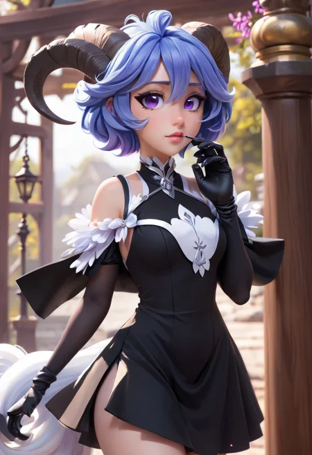 masterpiece,ultra detail, high resolution, 1girl, Ganyu_(Genshin_Impact), light_bluehair, purple_eyes, sidelocks, medium_breasts, goat_horns, ahoge, detached_sleeves, black_gloves, bare_shoulders, tassel, sleeveless_dress, thighlet, black_dress, black_sleeves, hair_flower, white_flower , disney princess, wearing princess dress