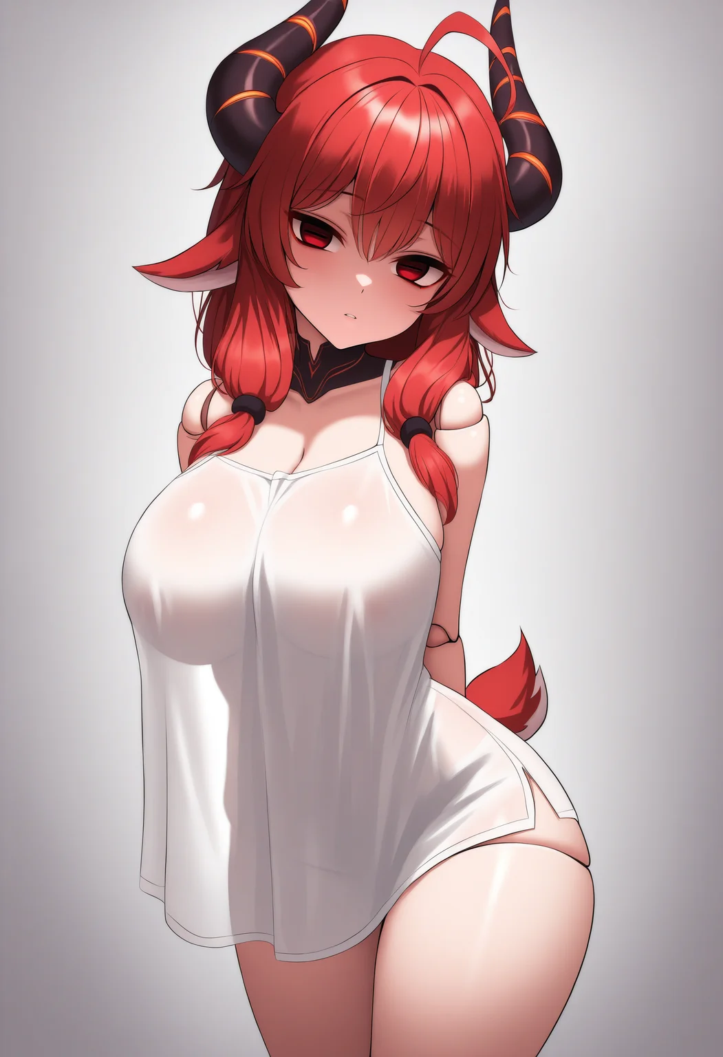 masterpiece, best quality,
1girl, solo, anime,
<lora:wrenchGoatChanIllu:1>, wrnchgchan, red eyes, red hair, goat horns, large breasts, breasts, goat ears, ahoge, long hair, horizontal pupils, short tail, demon horns,
doll joints, camisole, parted lips, empty eyes, looking at viewer, head tilt, thighs, see-through clothes, standing, shirt overhang, long shirt,