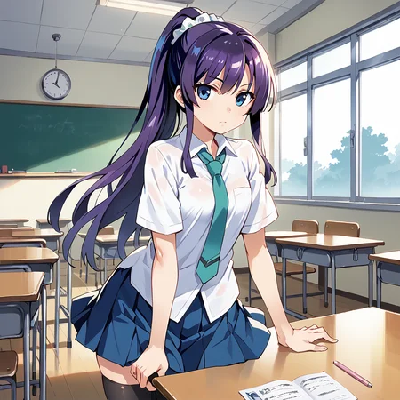 <lora:watanabeakio-000009:1>
score_9, score_8_up, score_7_up,score_6_up,
watanabe akio, poyoyon rock, watanabeakio, 1girl, solo,senjougahara hitagi, long hair, bangs, ponytail, sidelocks, scrunchie, blue eyes, purple hair, skirt, thighhighs, school uniform, necktie, black thighhighs, zettai ryouiki, naoetsu high school uniform, indoors, classroom,