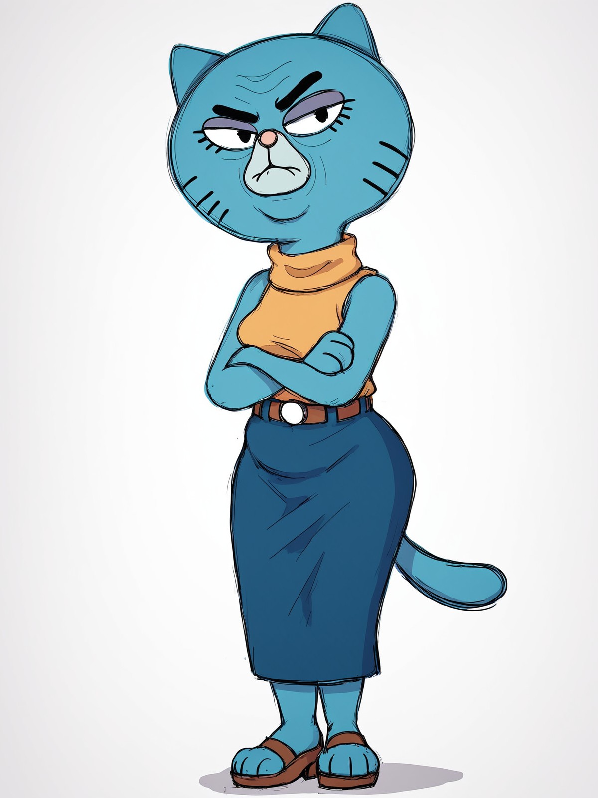 score_9,score_8,score_7,source_furry,
<1girl:1.5>,
<solo:1.5>,
wrinkles,
old,
old woman,
elderly,
1girl, mary_senicourt, granny_gumball, solo, skirt, tail, standing, full body, blue skirt, animal ears, furry, black eyes, sleeveless, looking at viewer, cat ears, belt, crossed arms, simple background, cat tail, shirt, blue skin, furry female, closed mouth, colored skin, sleeveless shirt,
<simple background:1.5>,
<white background:1.5>,
 <lora:Mary_Senicourt_Pony_SDXL:1> mary_senicourt