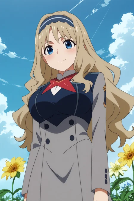 kokoro,1girl,solo,long hair,hairband,blonde_hair,uniform,military_uniform,military,breasts,large breasts,from below,smile,upper body,cowboy shot BREAK outdoors,blue sky,cloudy_sky,yellow flower,flower field,tree <lora:Kokoro_-_Darling_in_the_franxx.safetensors:0.8> <lora:detailed_backgrounds_v2.safetensors:0.5>