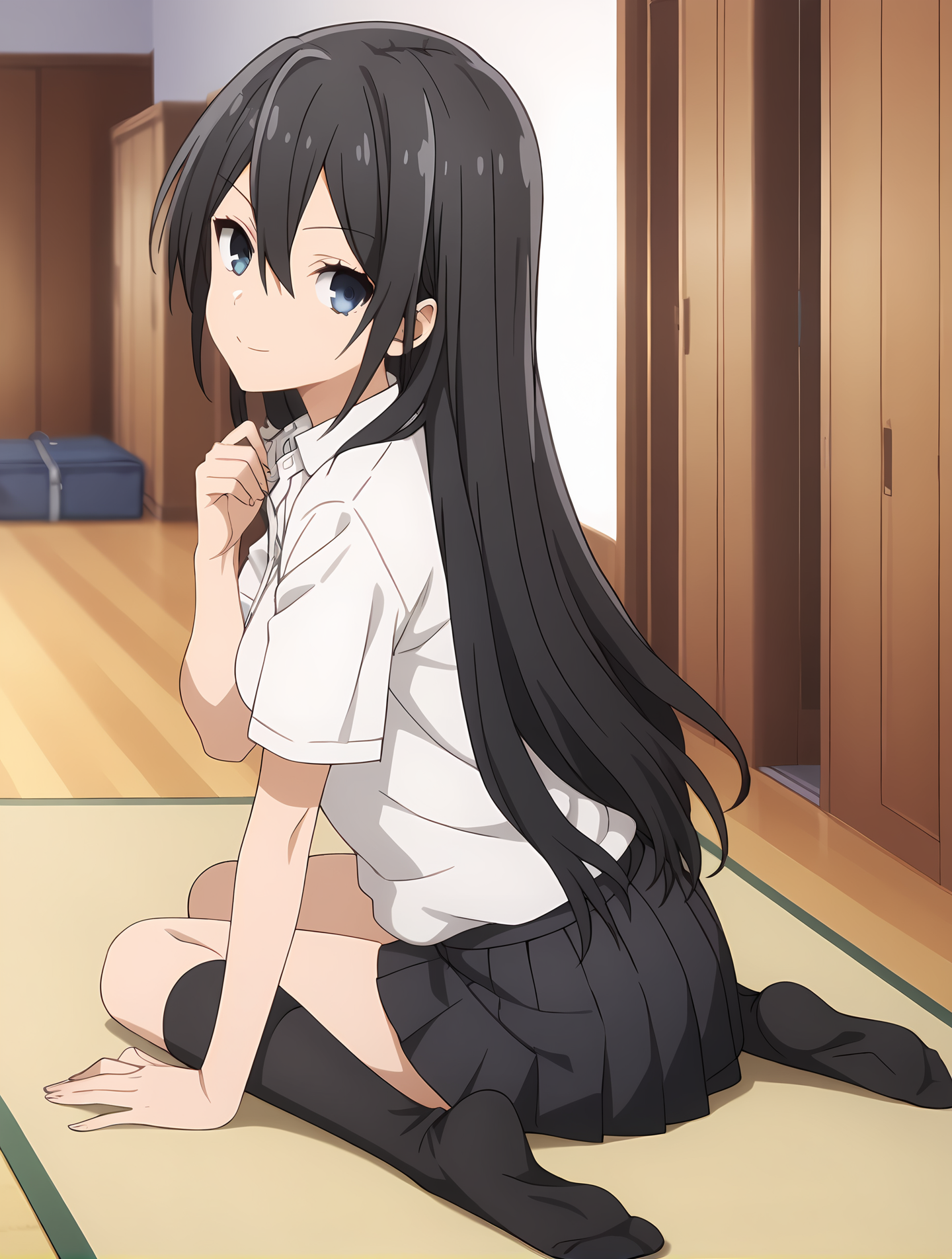 (school uniform skirt white shirt black socks uwabaki), hm-sawada, black hair, long hair, blue eyes, medium breasts, 1girl, solo, skinny, score_9, score_8_up, score_7_up, score_6_up, score_5_up, source_anime, lewd, living room, (1.3::full body|sitting|standing|lying|0.6::close-up| :1.20), , <lora:hm-sawada-V01-000004:0.90>