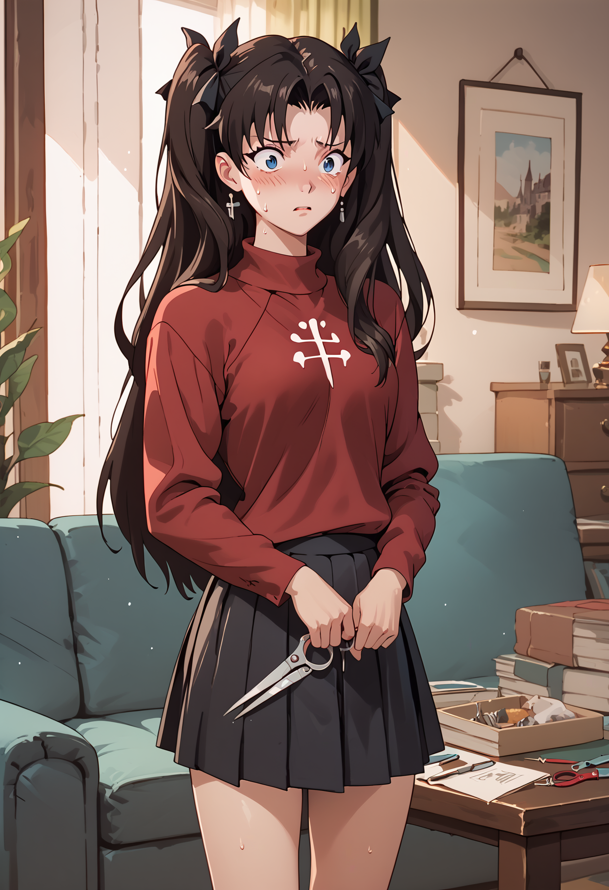 score_9,  score_8_up, score_7_up <lora:golden-boy-ponyxl-000025:0.8> <lora:KatounPony:0.5> tohsaka rin, red sweater, pleated skirt,
1girl, living room, holding scissors, nervous sweating