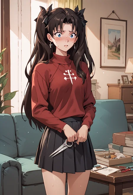 score_9,  score_8_up, score_7_up <lora:golden-boy-ponyxl-000025:0.8> <lora:KatounPony:0.5> tohsaka rin, red sweater, pleated skirt,
1girl, living room, holding scissors, nervous sweating