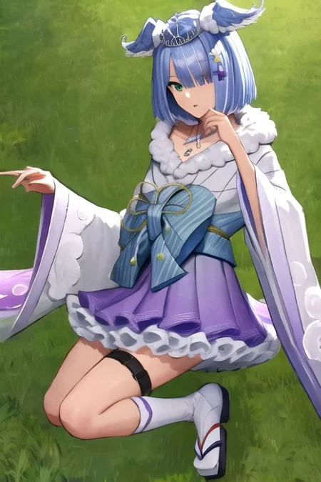 solo, 1girl, solo_focus, (((masterpiece))), ((best quality)), ((ultra-detailed)), high resolution, absurdres, highres, ultra-detailed 8k unity wallpaper,
elira2st, tiara, japanese clothes, grey kimono, wide sleeves, single thighhigh, purple skirt, off shoulder, necklace, fur trim, thigh strap, tabi, sandals, purple nails