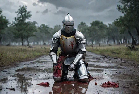 Masterpiece, DonMSt34mPXL, Realistic Lightning, Cinematic Lightning, Dark Lightning, Rain, Puddle, Clouded Sky, medieval, fantasy, pedestrians, Cape, Reflection, Corpses, Battlefield.
((((kneeling, male Knight, with bloody armor and closed helmet. Holding a broken sword) leaning on a (broken sword))) in a medival battlefield). (Unfocused dead knights laying in background). fandist background.