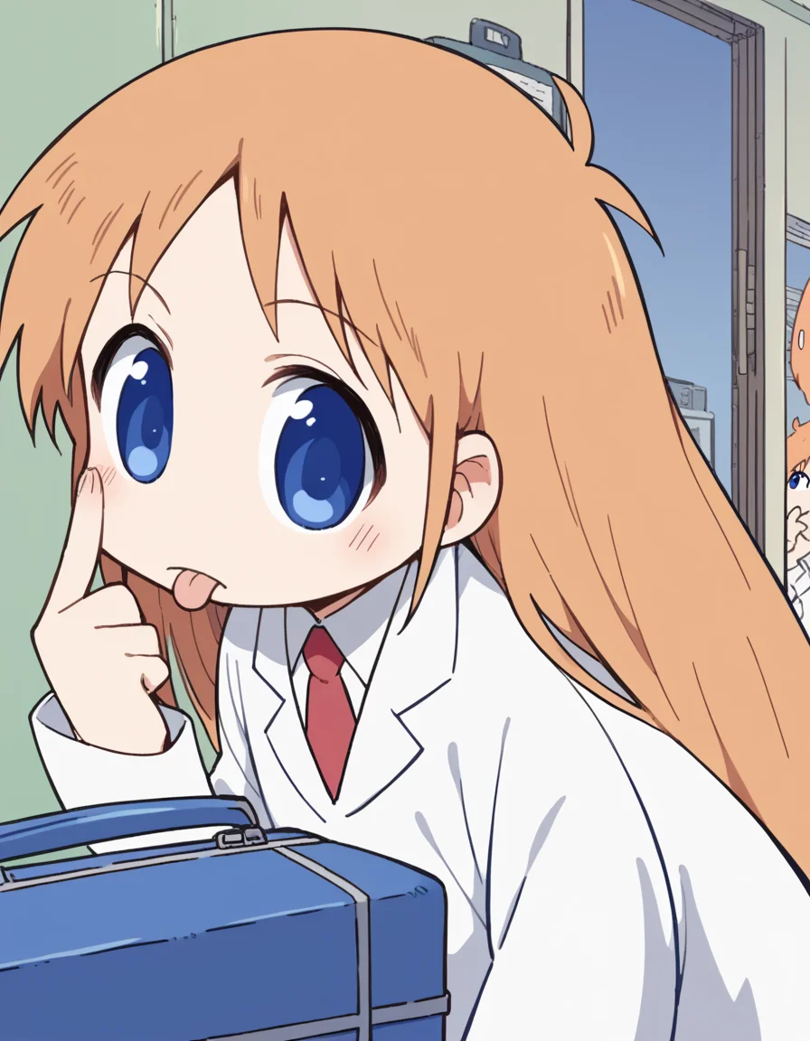 score_9, score_8_up, score_7_up, source_anime, <lora:hakase-shinonome-s1-ponyxl-lora-nochekaiser:1>, hakase shinonome, long hair, blue eyes, blonde hair, orange hair,, necktie, red necktie, labcoat,, airport, waiting area, suitcase, flight delayed, passengers, reading book, , <lora:akanbe-ponyxl-lora-nochekaiser:1>, akanbe, eyelid pull, finger to eye, tongue out, :p, tongue, ;p, blush, leaning forward, bent over, from side,, looking at viewer, solo,, dutch angle, cowboy shot