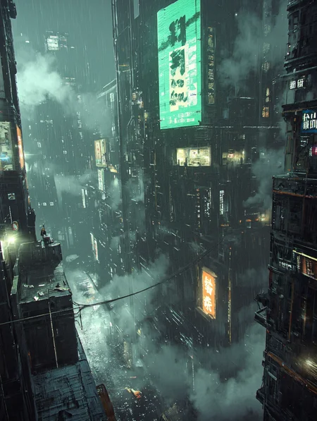 A hauntingly atmospheric cyberpunk cityscape, shrouded in mist and illuminated by flickering neon signs, The environment is gritty, with industrial elements like pipes and debris reflecting the urban decay of a futuristic world, Rain-slicked streets mirror the bright advertisements, enhancing the mood, The art style is hyper-realistic, capturing intricate details and a moody, dystopian tone, emphasizing the contrast between light and shadow UNI_SCI_FI_CORE, bo-exposure
