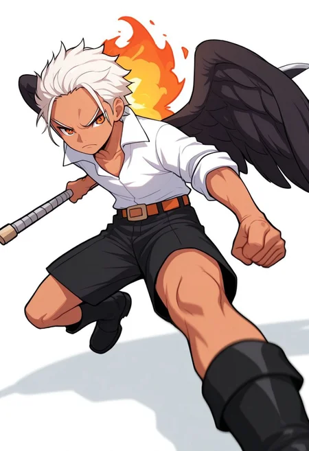 masterpiece, absurdres, high quality, perfect anatomy, 1boy, solo, cute boy, male focus, SHawk, White Hair, Orange Eyes, Tan Skin, Black Wings, White Shirt, Sleeves Rolled Up, Black Shorts, Belt, Black Boots, Holding Sword, Holding Weapon, Flame on Back, cinematic, intricately detailed illustration, depth of field, masterpiece, best quality, amazing quality, very aesthetic, absurdres, newest, very awa, shadow, dynamic angle, casual cosplay, dynamic pose, simple background, Arwe, Dynamism, Foreshortening, attacking pose