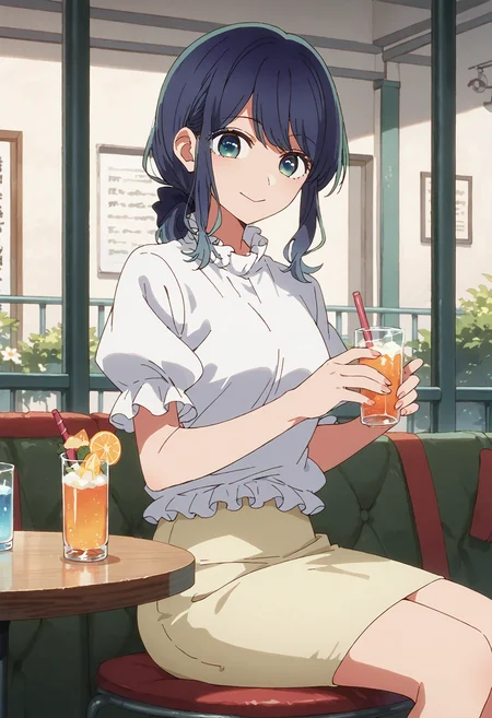 score_9, score_8_up, score_7_up, , score_ANIME,kurokawaakane, 1girl, solo, pencil skirt,, looking at viewer, short sleeves, smile, blue hair,, aqua eyes, sitting, medium hair, blouse, , bangs, closed mouth, yellow skirt, , puffy short sleeves, frilled sleeves, low ponytail, sidelocks, black bow, hair bow, <lora:kurokawaakane_pony2:1> cowboy shot,smile, drinking glass,