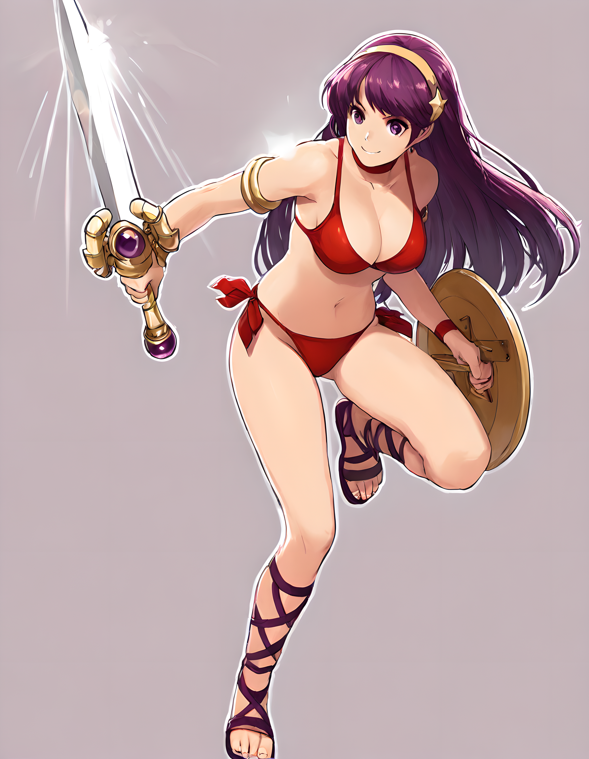 <lora:illustrious_XL_athena:0.9>,athena,masterpiece,best quality,good quality,1girl,solo,smile,hairband,choker,red bikini,side-tie bikini bottom,cleavage,navel,ankle lace-up,sandals,armlet,holding sword,holding shield,full body,