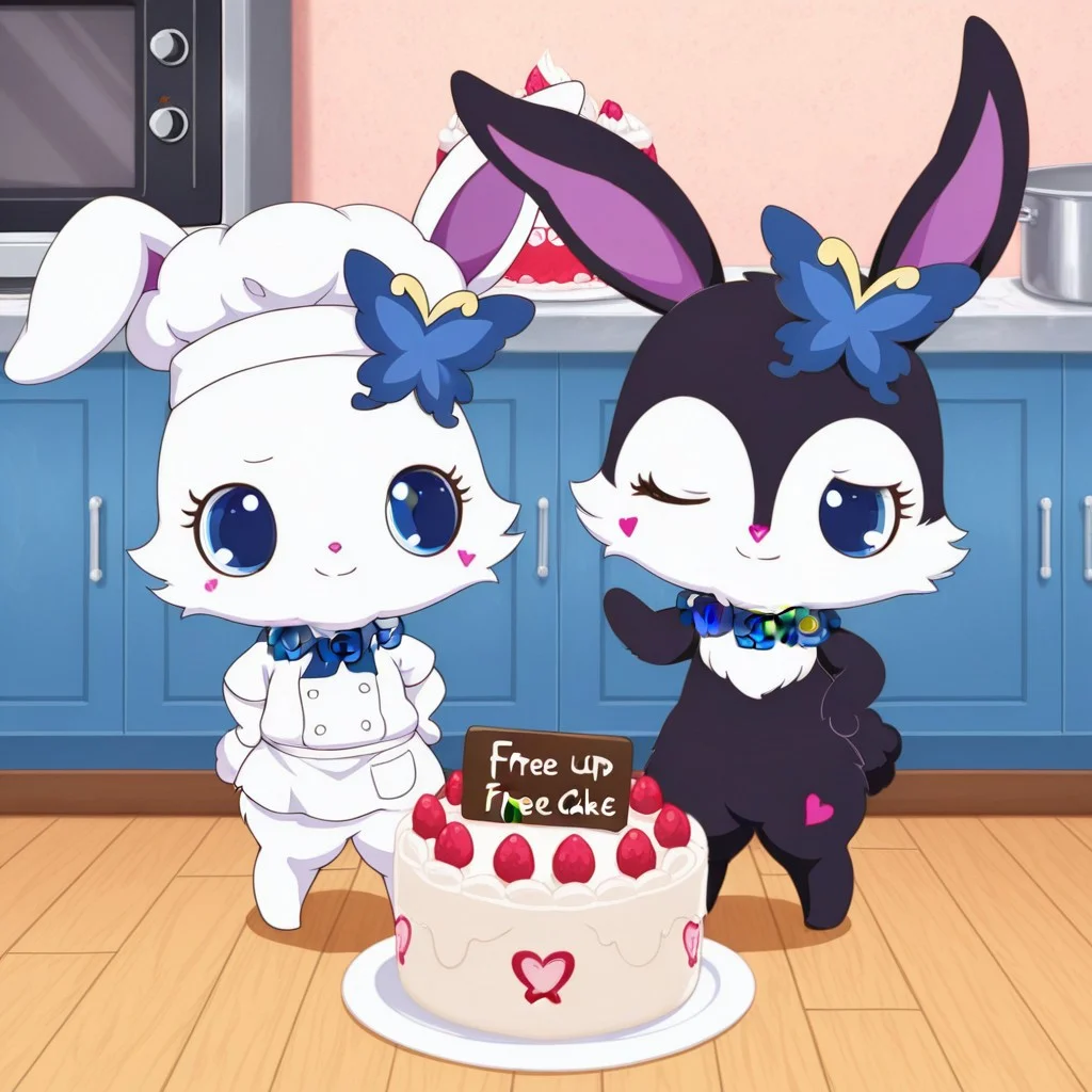 score_9, score_8_up, score_7_up, score_6_up, score_5_up,
best quality, masterpiece, smirks, Full Body, Romantic, Small Body, Furry, looking_pleasured, duo, female/female, 2girls, kitchen, chefs hat, chefs shirt, chefs skirt, rubyjp, no humans, rabbit, chibi, furry, hair ornament, necklace, jewelry, chest fur, white fur, chef outfit, holding a sign that say " free cake", largest cake, luea, feral, blue eyes, rabbit, furry, rabbit ears, black fur, purple inner ear, white chest fur, white face, chibi, body fur, (blue butterfly hair ornament), (blue rose necklace), chef outfit, large cake, writing on cake say "buzz for cake",