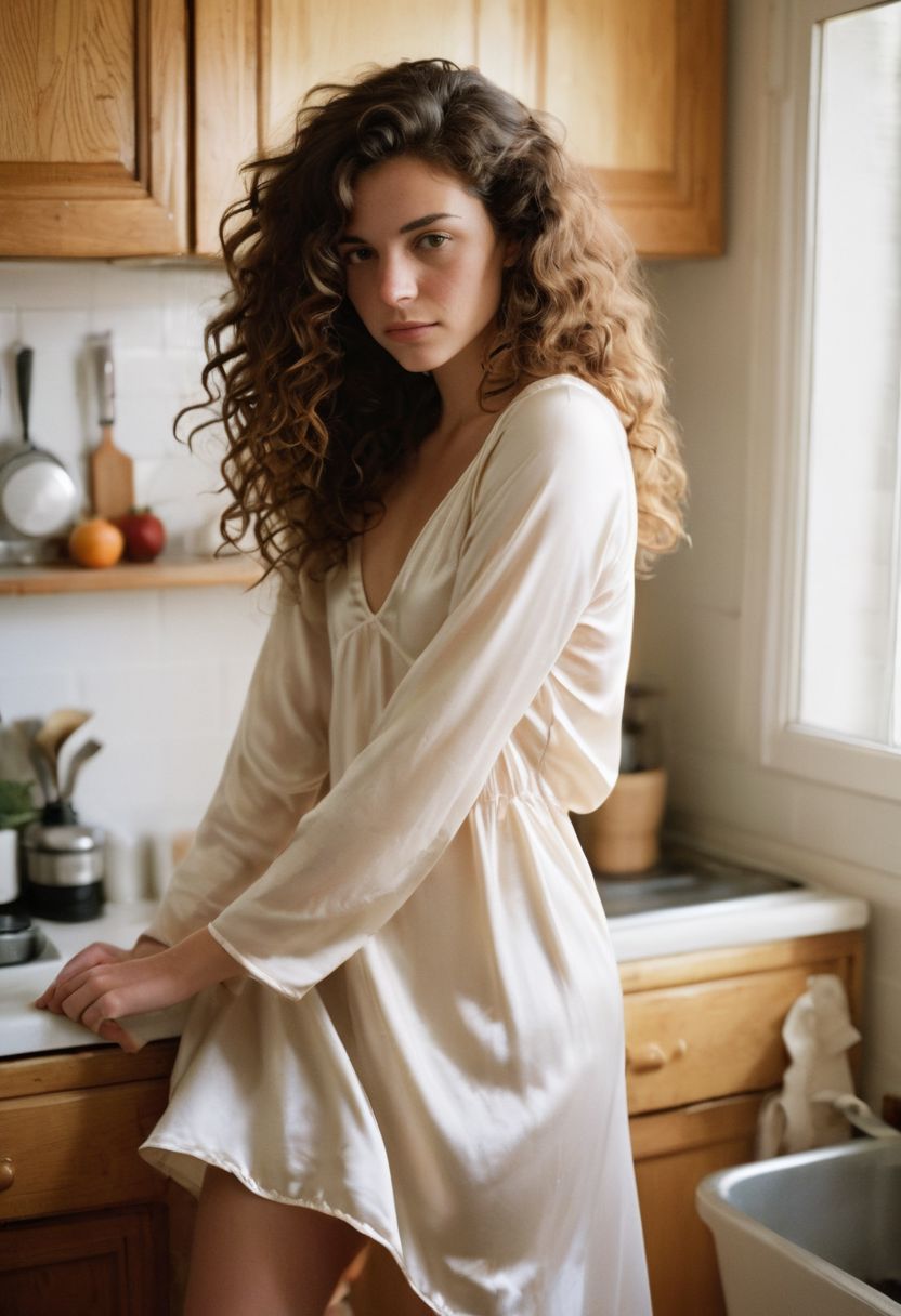 Analog photo of Emily
Emily is a petite woman in her late twenties. She has curly brown hair that falls just above her shoulders. Her personality is and warm, inviting.
(She wears a cream-colored silk nightgown that falls gracefully to her knees.+++) The fabric accentuates her curves, hugging her body gently. Her hair, now free from its daytime confines, cascades in loose curls down her back. She's petite, and her ass is cute. 
(She stands in her kitchen. Intimate scene)
(detailed skin, pores, rosacea, acne, sweat,++)
(detailed, expressive face++)
(inspired by alec soth:1.5)
canon ae-1, intimate morning light