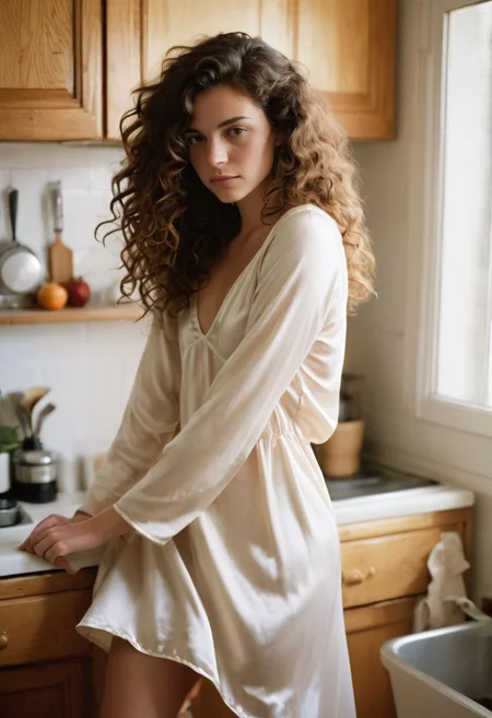 Analog photo of Emily
Emily is a petite woman in her late twenties. She has curly brown hair that falls just above her shoulders. Her personality is and warm, inviting.
(She wears a cream-colored silk nightgown that falls gracefully to her knees.+++) The fabric accentuates her curves, hugging her body gently. Her hair, now free from its daytime confines, cascades in loose curls down her back. She's petite, and her ass is cute. 
(She stands in her kitchen. Intimate scene)
(detailed skin, pores, rosacea, acne, sweat,++)
(detailed, expressive face++)
(inspired by alec soth:1.5)
canon ae-1, intimate morning light