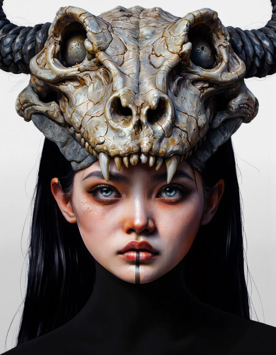 By Laura H. Rubin. A digital artwork depicting a close-up of a young Asian woman wearing a reptilian skull headdress on her head. She has straight black hair that is partially covered by the headdress. Her skin tone is fair and her makeup includes bold, dark lines around her eyes and red lipstick that stands out against her pale complexion. The headdress is a detailed and realistic dragon skull, with sharp teeth and hollow eye sockets, giving her a menacing yet elegant appearance. The texture of the skull is meticulously detailed, with a rough and slightly weathered appearance that contrasts with the smoothness of her skin. She wears a black high-necked garment that blends into the dark tones of the skull, enhancing the dramatic effect. The background is minimalist, consisting of a light gray gradient that fades into white, allowing the focus to remain on the subject. The overall style of the artwork is hyperrealistic, with a high level of detail and careful attention to textures and lighting. The composition is balanced, with the woman's face and the dragon's skull occupying the center of the image, creating a powerful and surreal visual. <lora:Laura_H._Rubin_II:0.8>