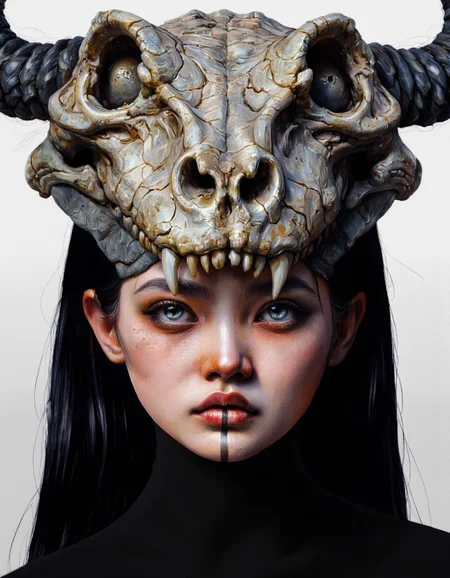 By Laura H. Rubin. A digital artwork depicting a close-up of a young Asian woman wearing a reptilian skull headdress on her head. She has straight black hair that is partially covered by the headdress. Her skin tone is fair and her makeup includes bold, dark lines around her eyes and red lipstick that stands out against her pale complexion. The headdress is a detailed and realistic dragon skull, with sharp teeth and hollow eye sockets, giving her a menacing yet elegant appearance. The texture of the skull is meticulously detailed, with a rough and slightly weathered appearance that contrasts with the smoothness of her skin. She wears a black high-necked garment that blends into the dark tones of the skull, enhancing the dramatic effect. The background is minimalist, consisting of a light gray gradient that fades into white, allowing the focus to remain on the subject. The overall style of the artwork is hyperrealistic, with a high level of detail and careful attention to textures and lighting. The composition is balanced, with the woman's face and the dragon's skull occupying the center of the image, creating a powerful and surreal visual. <lora:Laura_H._Rubin_II:0.8>