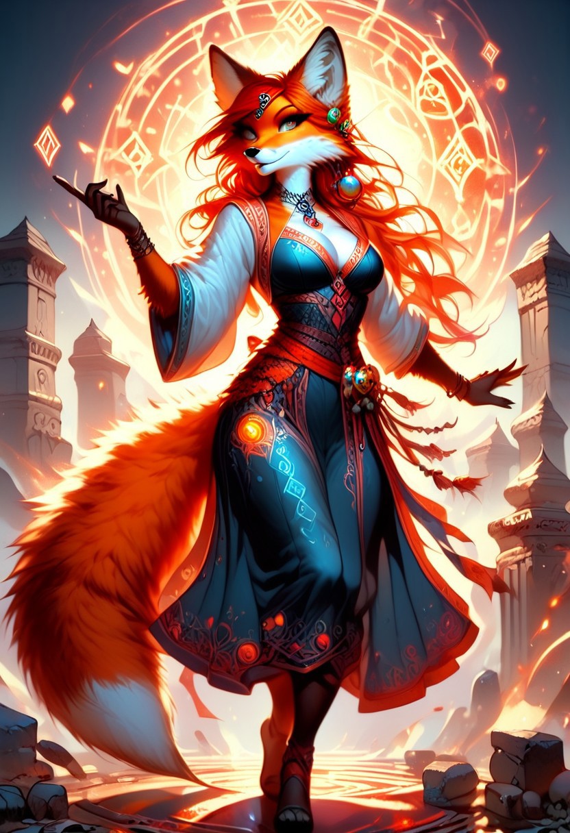 score_9, score_8_up, score_7_up, dancing dynamic pose,large breasts, slim waist, red hair, solo, anthro,fox,female,foxfolk,(red and orange fur, thick fur:1.3, extreamly detailed fur, soft fur), slim waist, peach ass, sorceress, cleavage cut out, magical robes,Glowing runes on robes, Glowing Runes ,Glowing Rune Circle,  dynamic angle from back, looking back at viewer,full body image,magical athmosphere, realisitc,