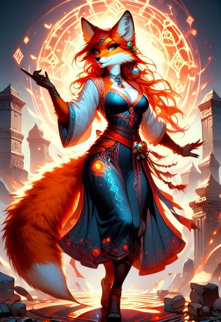 score_9, score_8_up, score_7_up, dancing dynamic pose,large breasts, slim waist, red hair, solo, anthro,fox,female,foxfolk,(red and orange fur, thick fur:1.3, extreamly detailed fur, soft fur), slim waist, peach ass, sorceress, cleavage cut out, magical robes,Glowing runes on robes, Glowing Runes ,Glowing Rune Circle,  dynamic angle from back, looking back at viewer,full body image,magical athmosphere, realisitc,