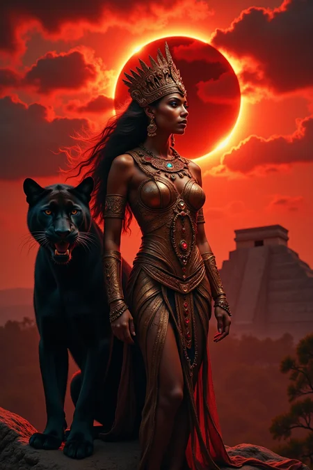 A highly detailed digital painting: a scene merging ancient Mayan culture with the mysterious power of a solar eclipse. A noble Mayan princess, dressed in bronze ceremonial attire with elaborate patterns, stands poised next to a fierce black panther under a blood-red sky. The eclipse casts an intense red glow, illuminating her intricate jewelry and headdress adorned with precious stones. The background reveals the silhouette of a Mayan pyramid against a darkening horizon, as wisps of dark clouds swirl around the eclipsed sun. Moody, cinematic lighting, fantasy realism. SamuraiArt.